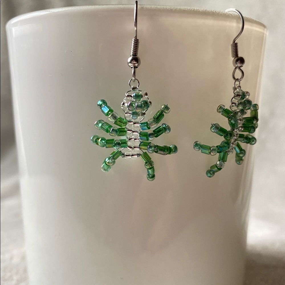 Handmade Mini Dark Green Beaded Spider Earrings